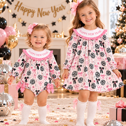 Happy New Year Kids Custom Name Bow Embroidery Smock Outfits