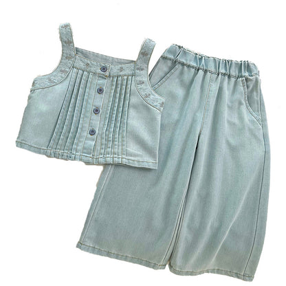 Girls' Denim Set Embroidered Sleeveless Top & Loose Jeans