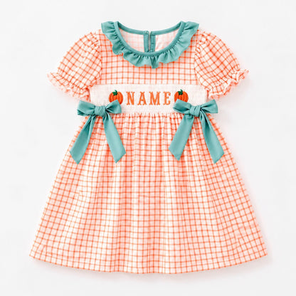 Personalized Pumpkin Smocked Embroidery Collection | Baby Bubble Romper, Long Romper, Dress & Pant Set | Fall & Halloween Boutique Kids Clothing