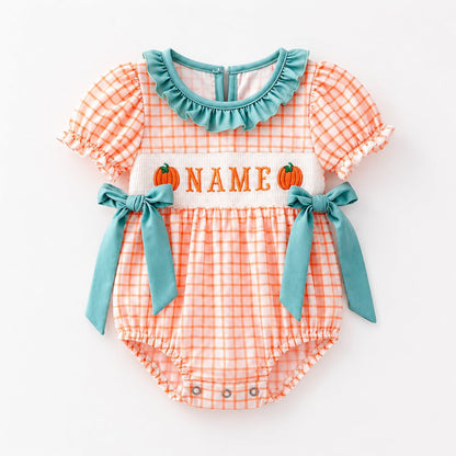 Personalized Pumpkin Smocked Embroidery Collection | Baby Bubble Romper, Long Romper, Dress & Pant Set | Fall & Halloween Boutique Kids Clothing