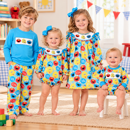 Kids Cartoon Character Smocked Embroidery Collection – Girls Dress & Bubble Romper, Boys Long Sleeve Pants Set