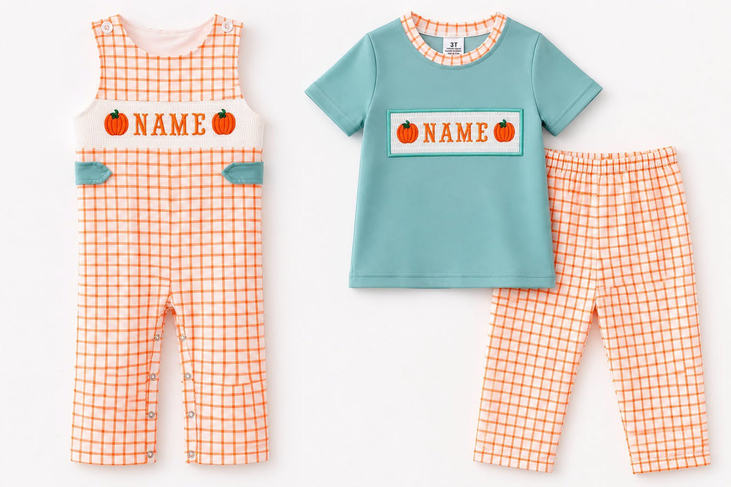 Personalized Pumpkin Smocked Embroidery Collection | Baby Bubble Romper, Long Romper, Dress & Pant Set | Fall & Halloween Boutique Kids Clothing