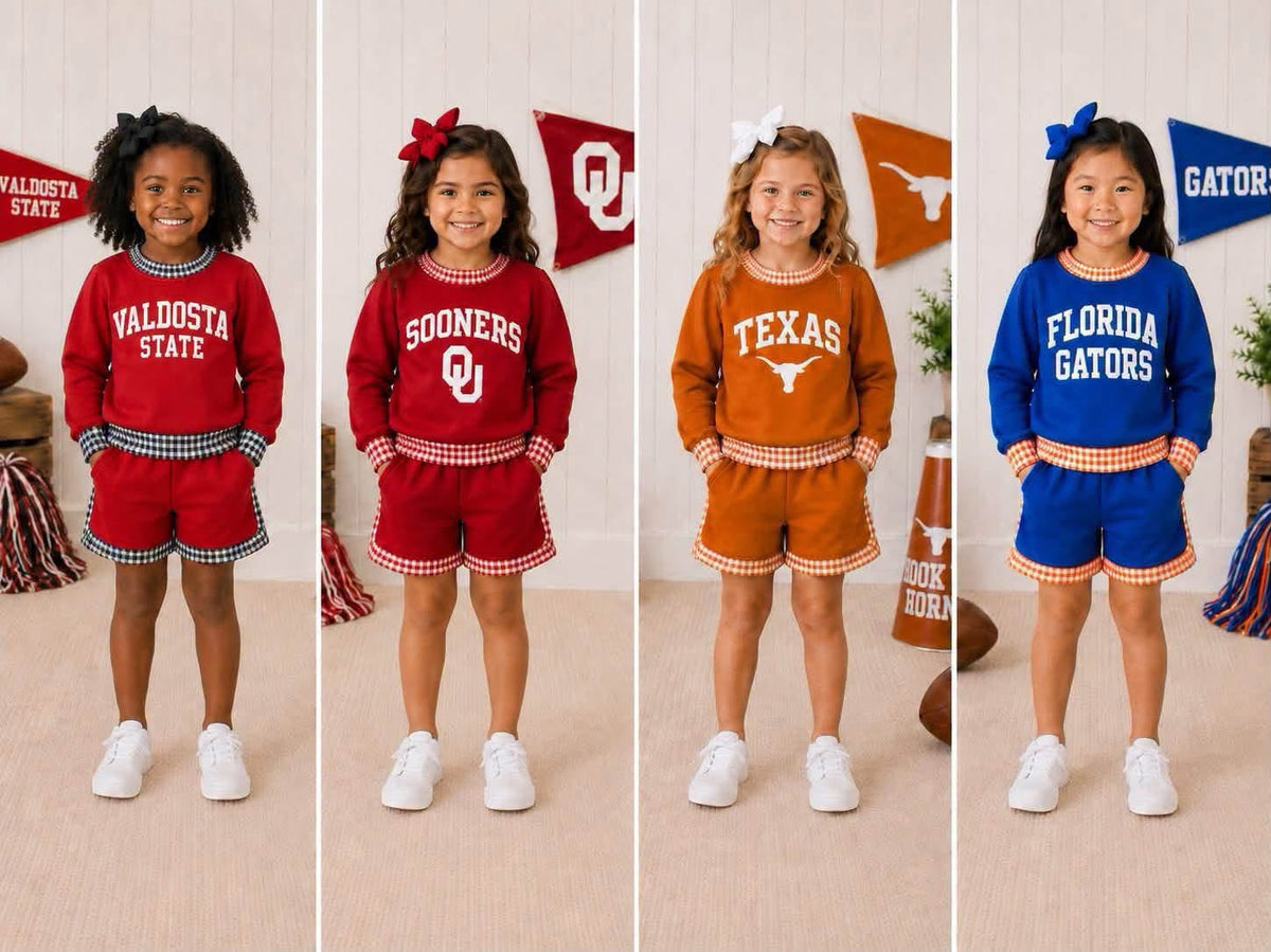 Girls Game Day Collegiate Sweatshirt & Shorts Set – Gingham Trim Football Outfit