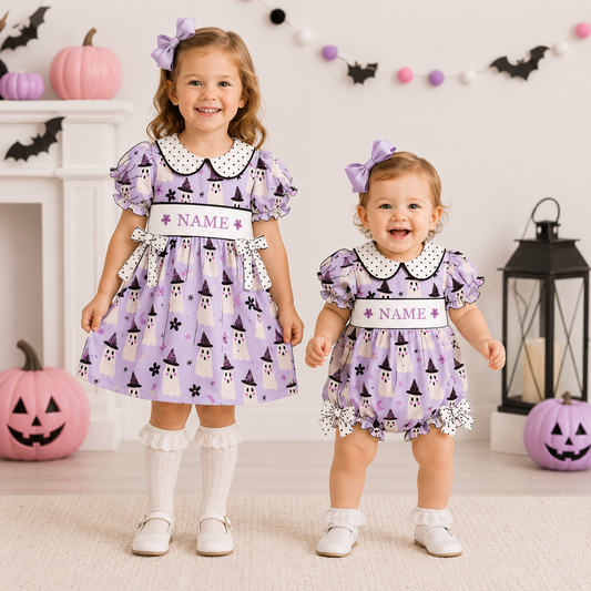 Personalized Halloween Smocked Embroidered Girls Dress | Custom Name Ghost Boutique Dress | Handmade Smocking Collection