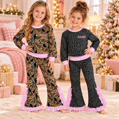 Personalized Girls Camo & Leopard Print Ruffle Pants Set – Custom Name Embroidery Long Sleeve Outfit