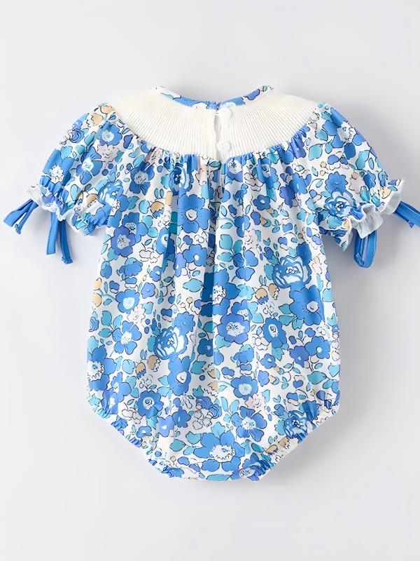Baby Girls Spring Blue Floral Smock Embroidery Custom Name Romper