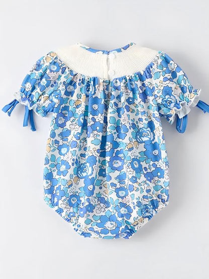 Baby Girls Spring Blue Floral Smock Embroidery Custom Name Romper