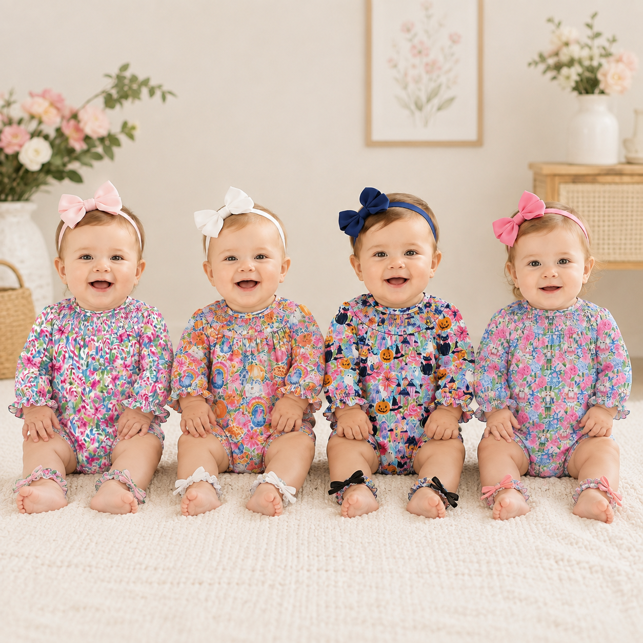 Baby Smocked Bubble Romper | Long Sleeve Floral Printed Infant Bodysuit | Fall Holiday Collection | Boutique Baby Outfit