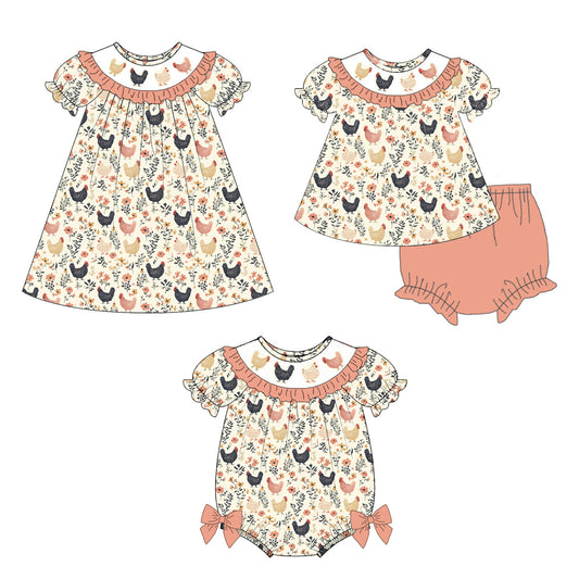 Girls Fall Farm Chick Print Embroidery Smocked Sibling Outfit Set