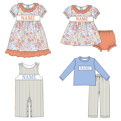 Kids Fall Custom Name Embroidery Floral Blue Stripes Sibling Clothes