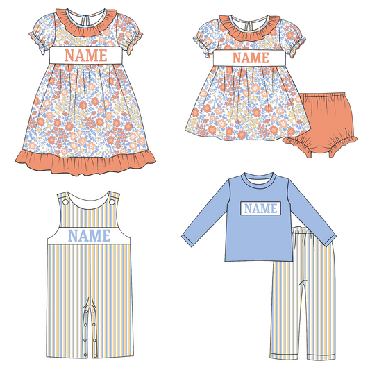 Kids Fall Custom Name Embroidery Floral Blue Stripes Sibling Clothes