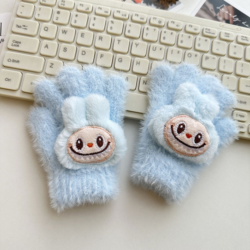 Winter Knit Gloves with Plush Doll Decoration Warm Fuzzy Rhinestone Finger Gloves for Parent Child Matching