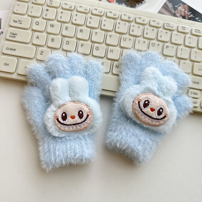 Winter Knit Gloves with Plush Doll Decoration Warm Fuzzy Rhinestone Finger Gloves for Parent Child Matching