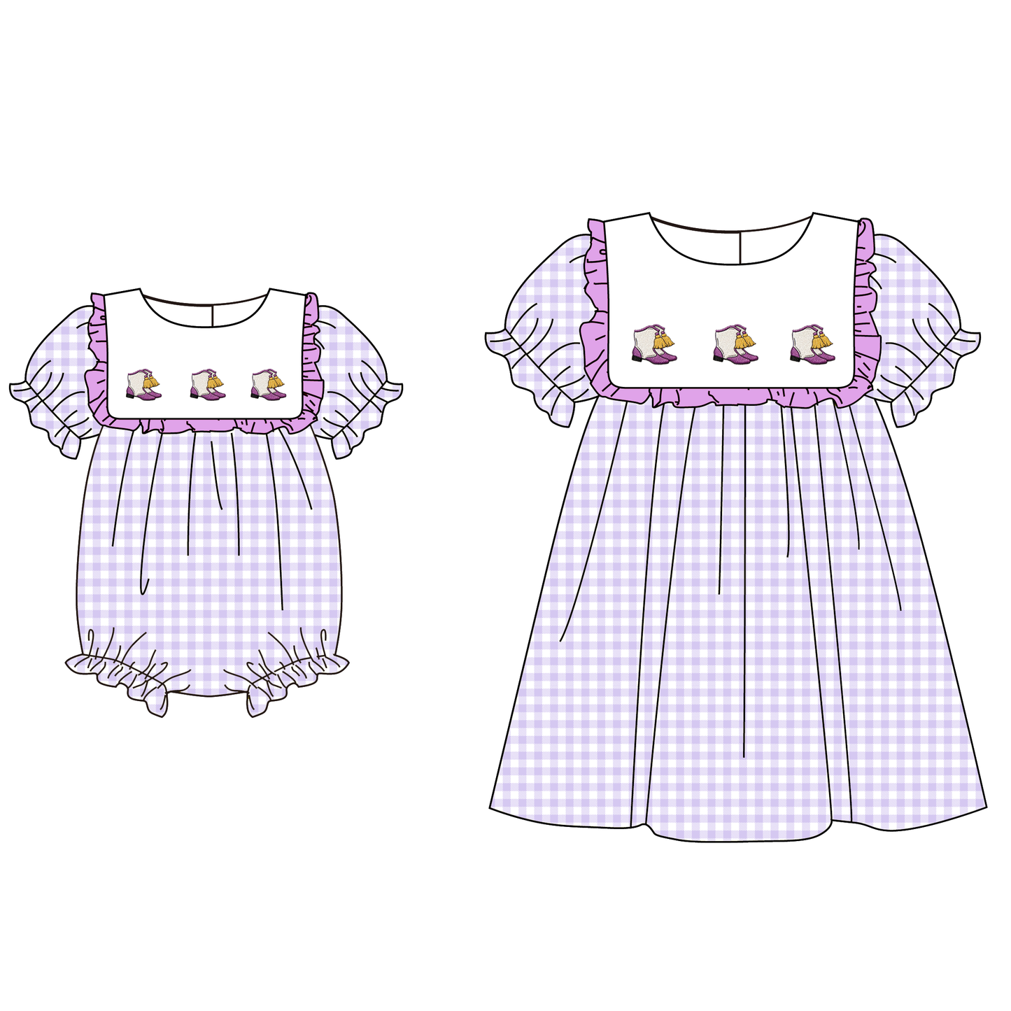 Spring Summer Purple Plaid Boots Embroidery Dress & Romper
