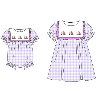 Spring Summer Purple Plaid Boots Embroidery Dress & Romper