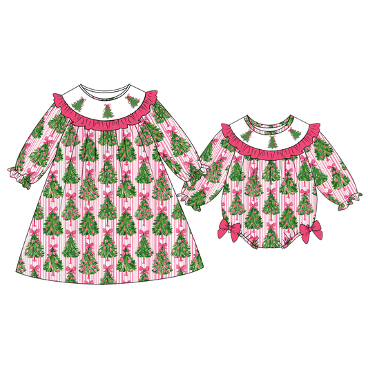 Christmas Tree Smocked Embroidery Sister Matching Outfits – Girls Holiday Dress & Baby Bubble Romper