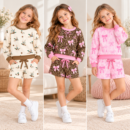 Girls Fall Winter Long Sleeve Sweatshirt & Shorts Set – Duck Print, Leopard Pink Bow & Coquette Bow Two-Piece Outfit