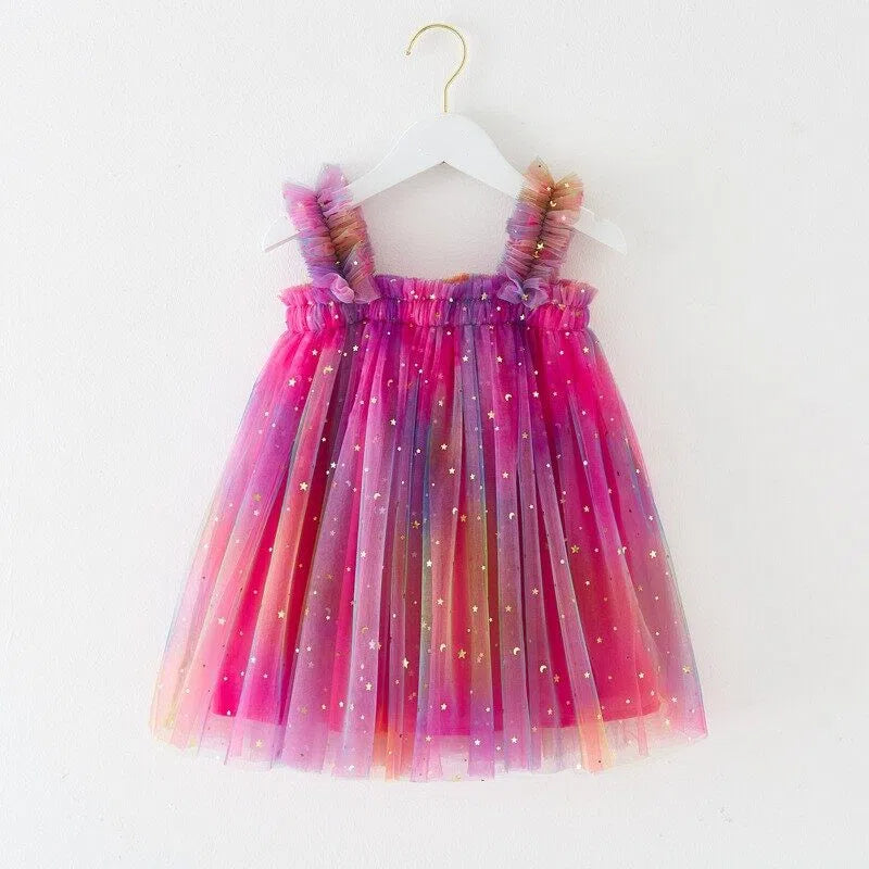 Girls Rainbow Tulle Dress Gold Stars Sparkly Fairy Style