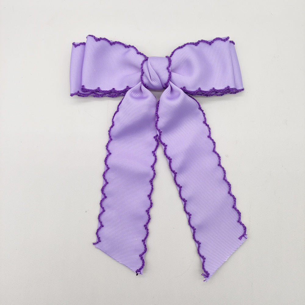 Girls Grosgrain Ribbon Bow Hair Clip – Contrast Scalloped Stitching & Long Ribbon Tails
