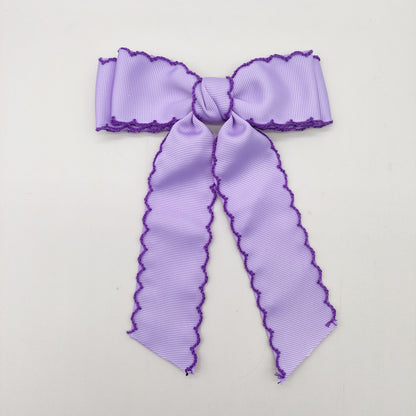 Girls Grosgrain Ribbon Bow Hair Clip – Contrast Scalloped Stitching & Long Ribbon Tails