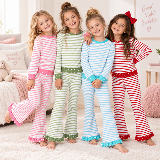 Girls Fall Winter Striped Ruffle Pants Set – Long Sleeve Polka Dot Bell Bottom Outfit