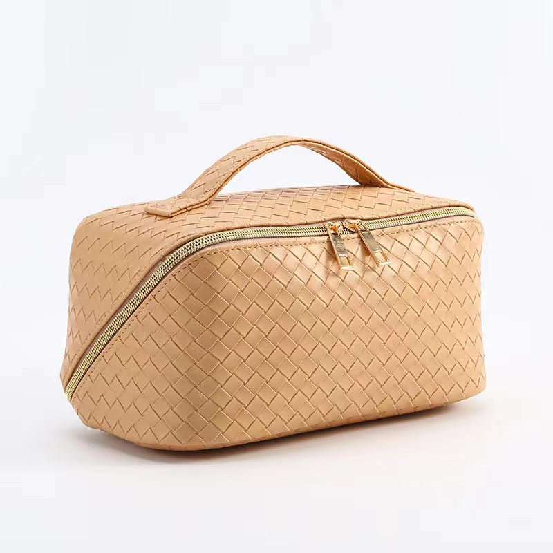 Woven PU Leather Makeup Bag with Handle & Zipper Travel Toiletry & Cosmetic Organizer