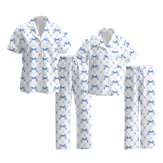 Mommy And Me Blue Bow Print Pajamas Set