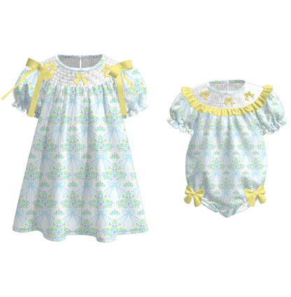 Spring Summer Yellow Bow Floral Smock Embroidery Dress & Romper
