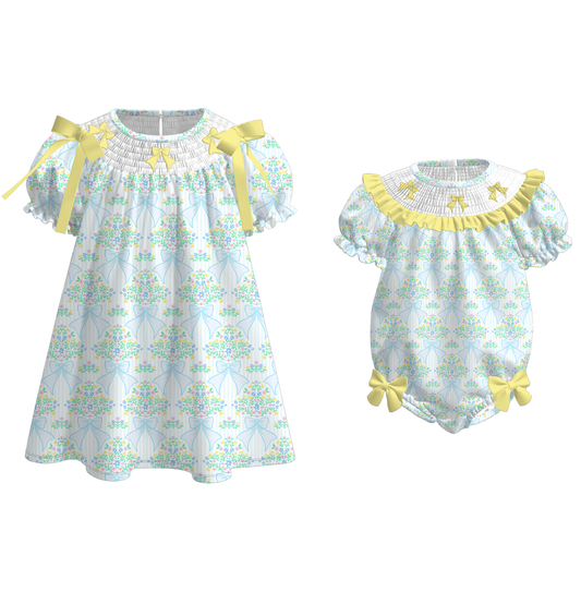 Spring Summer Yellow Bow Floral Smock Embroidery Dress & Romper