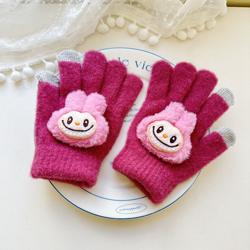 Winter Knit Gloves with Plush Doll Decoration Warm Fuzzy Finger Gloves for Parent Child Matching