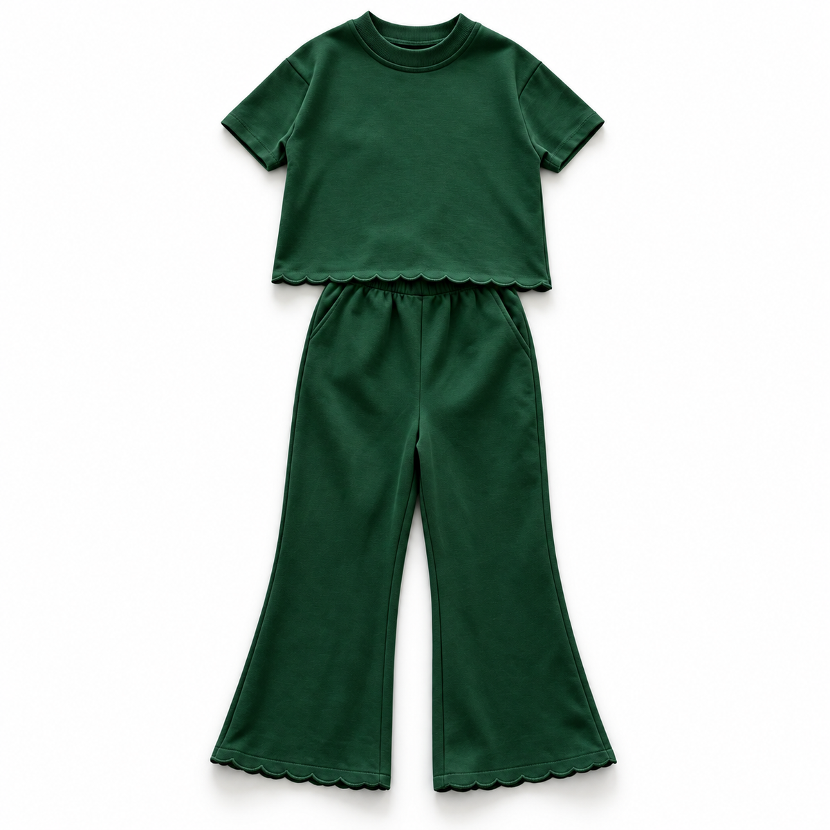 Girls’ Scalloped Cotton Two-Piece Set – Short Sleeve Sweatshirt & Wide-Leg Pants for Fall & Winter