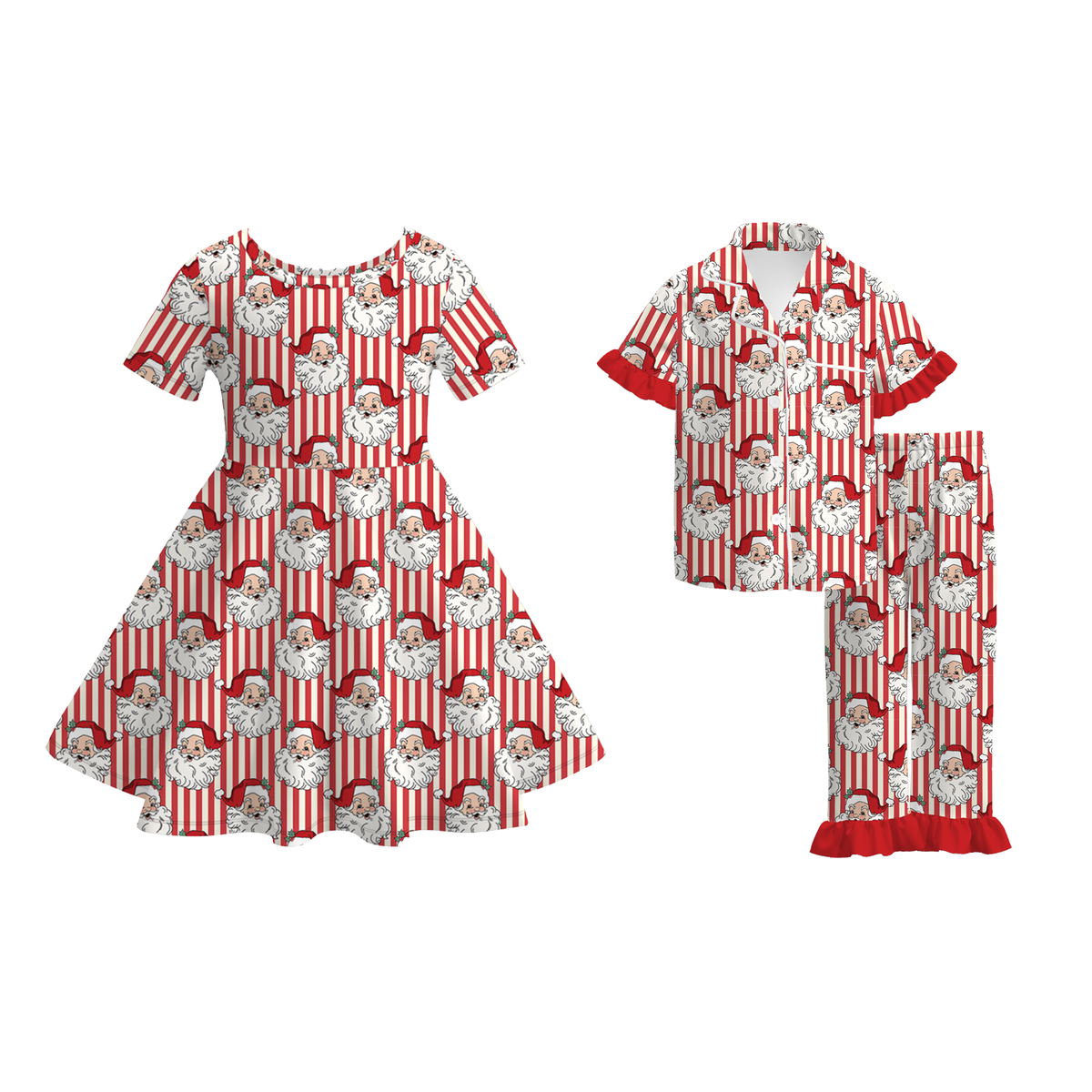 Girls Santa Christmas Dress & Ruffle Pajama Set – Red Stripe Holiday Collection
