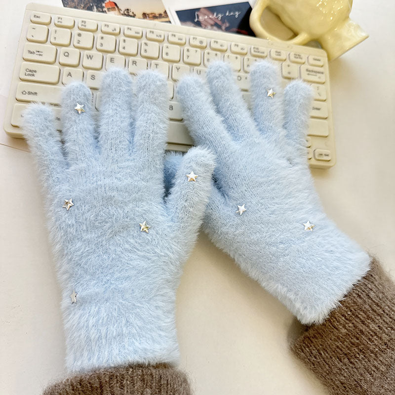 Winter Fluffy Star Gloves Soft Faux Mink Knit Warm Gloves for Parent-Child Matching & Cycling