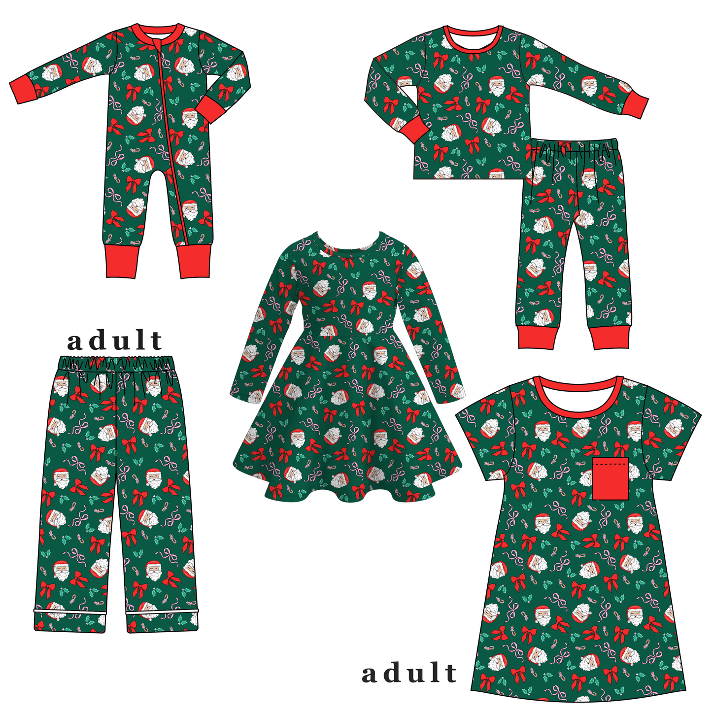 Christmas Santa Green Print Family Pajama Collection