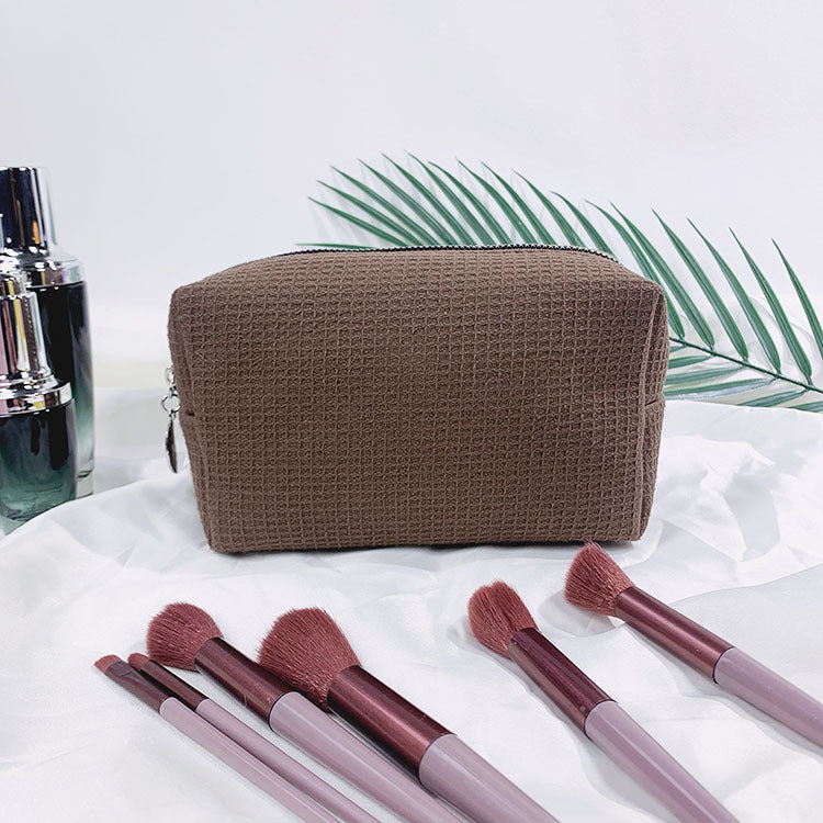 Waffle Fabric Solid Color Makeup Pouch Travel Toiletry Bag
