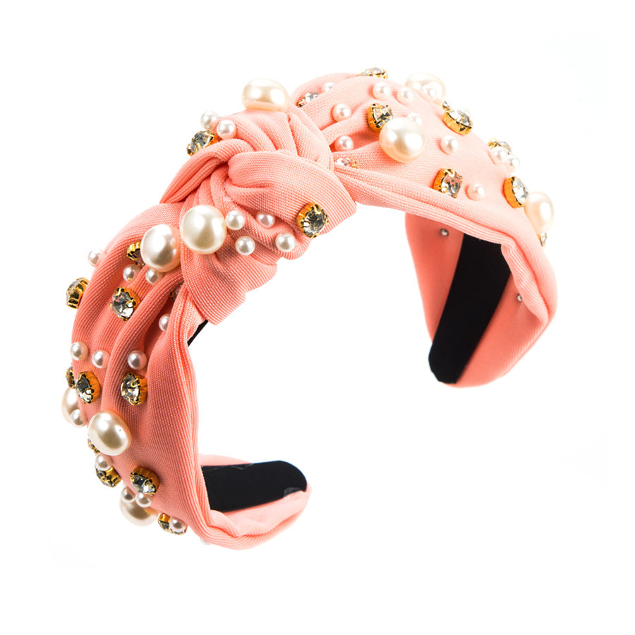 Wide Knotted Headband with Pearls & Rhinestones Padded Fashion Hair Band for Women & Girls