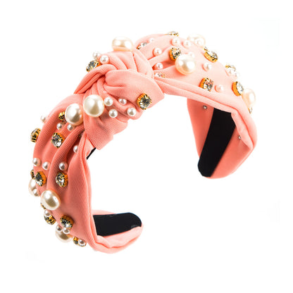 Wide Knotted Headband with Pearls & Rhinestones Padded Fashion Hair Band for Women & Girls