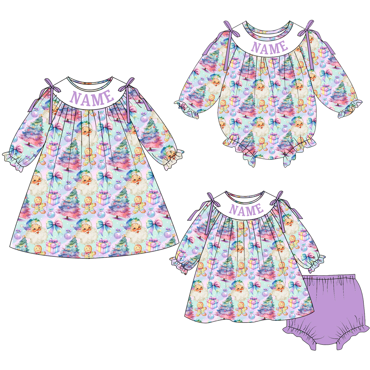 Christmas Tree Santa Smocked Embroidery Custom Name Outfit Collection