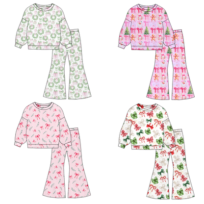 Girls Christmas Santa Tree Bow Print Top+ Pant Set