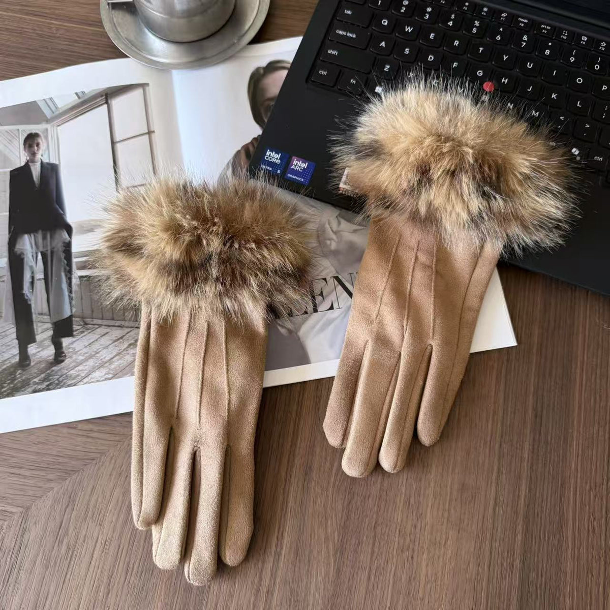 Women’s Touchscreen Winter Gloves with Faux Rabbit Fur Cuffs & Warm Fleece Lining