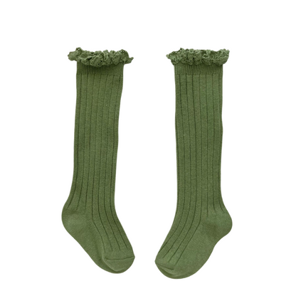 Kids Solid Color Mid-Calf Socks Combed Cotton Lace Trim Frilly Socks Spring & Autumn Wear