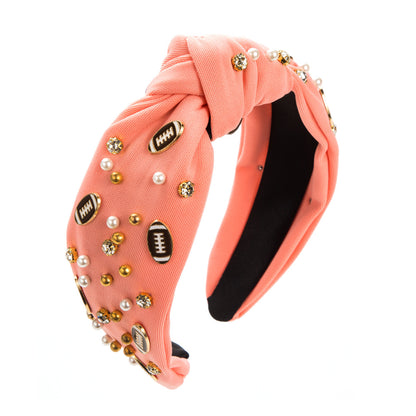 American Football Top Knot Headband with Pearls & Rhinestones – Wide Hair Accessory, Game Day Gift for Fans