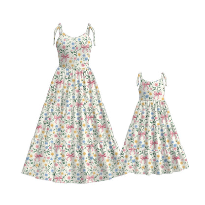 Mommy and Me Blue Bow Floral Print Summer Soft Maxi Dress
