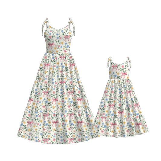 Mommy and Me Blue Bow Floral Print Summer Soft Maxi Dress