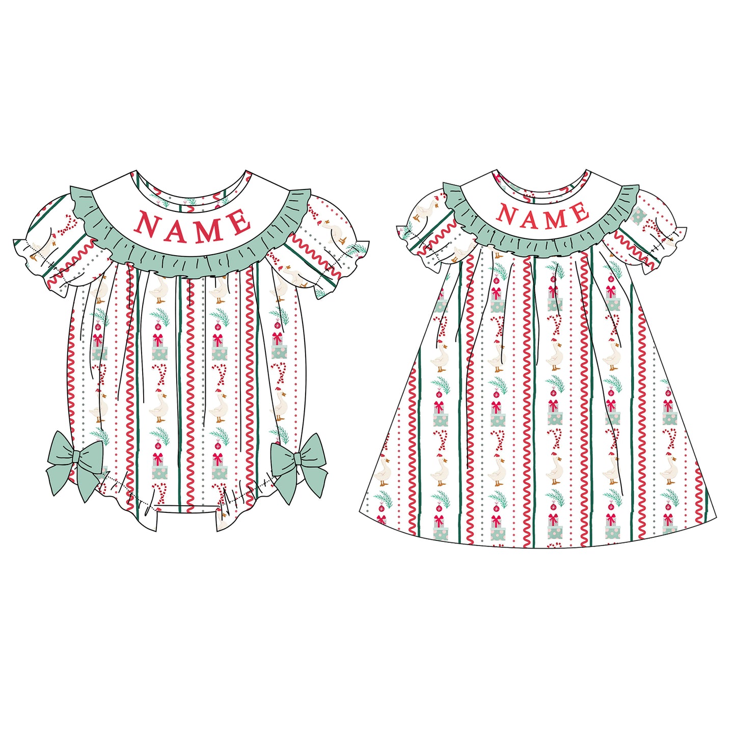 Girls Christmas Custom Name Embroidery Smock Goose Dress & Bubble