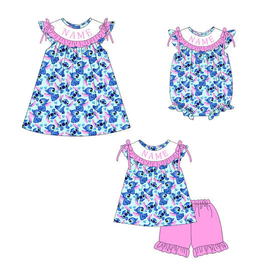 Summer Girls Blue Cartoon Custom Name Smocked Embroidery Set Collection