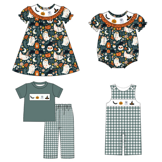 Kids Halloween Ghost Pumpkin Bat Witch Embroidery Sibling Clothes