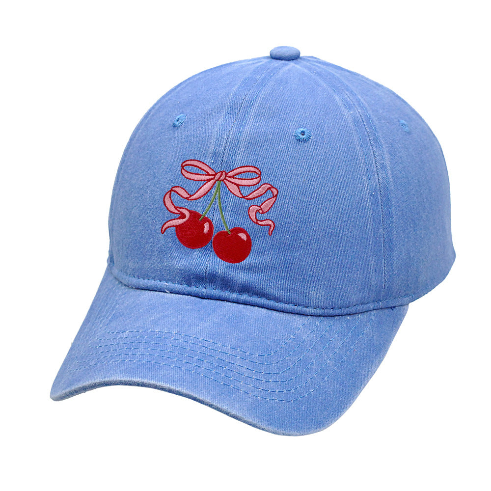 Vintage Washed Baseball Cap with Cherry & Bow Embroidery