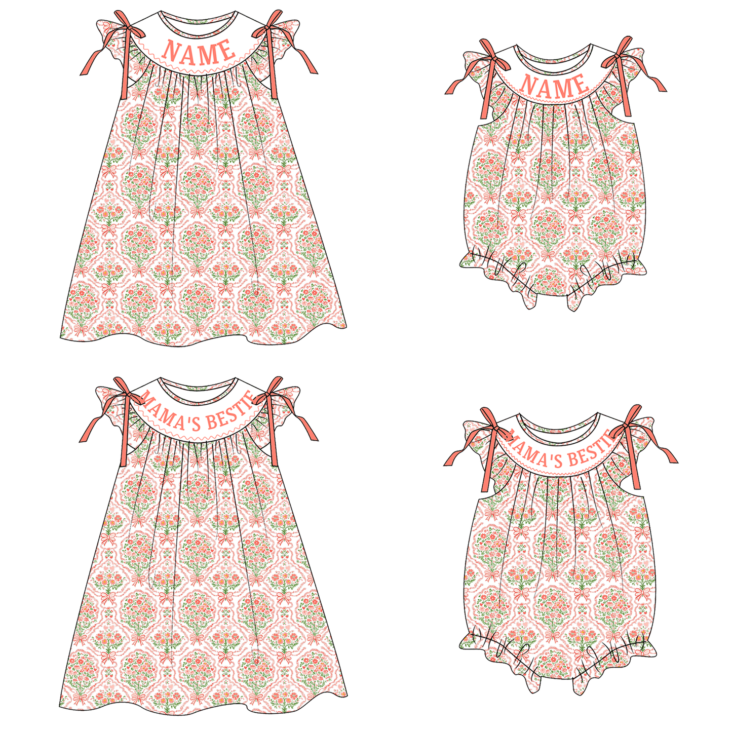 MAMA'S BESTIE Custom Name Smocked Embroidered Floral Collection