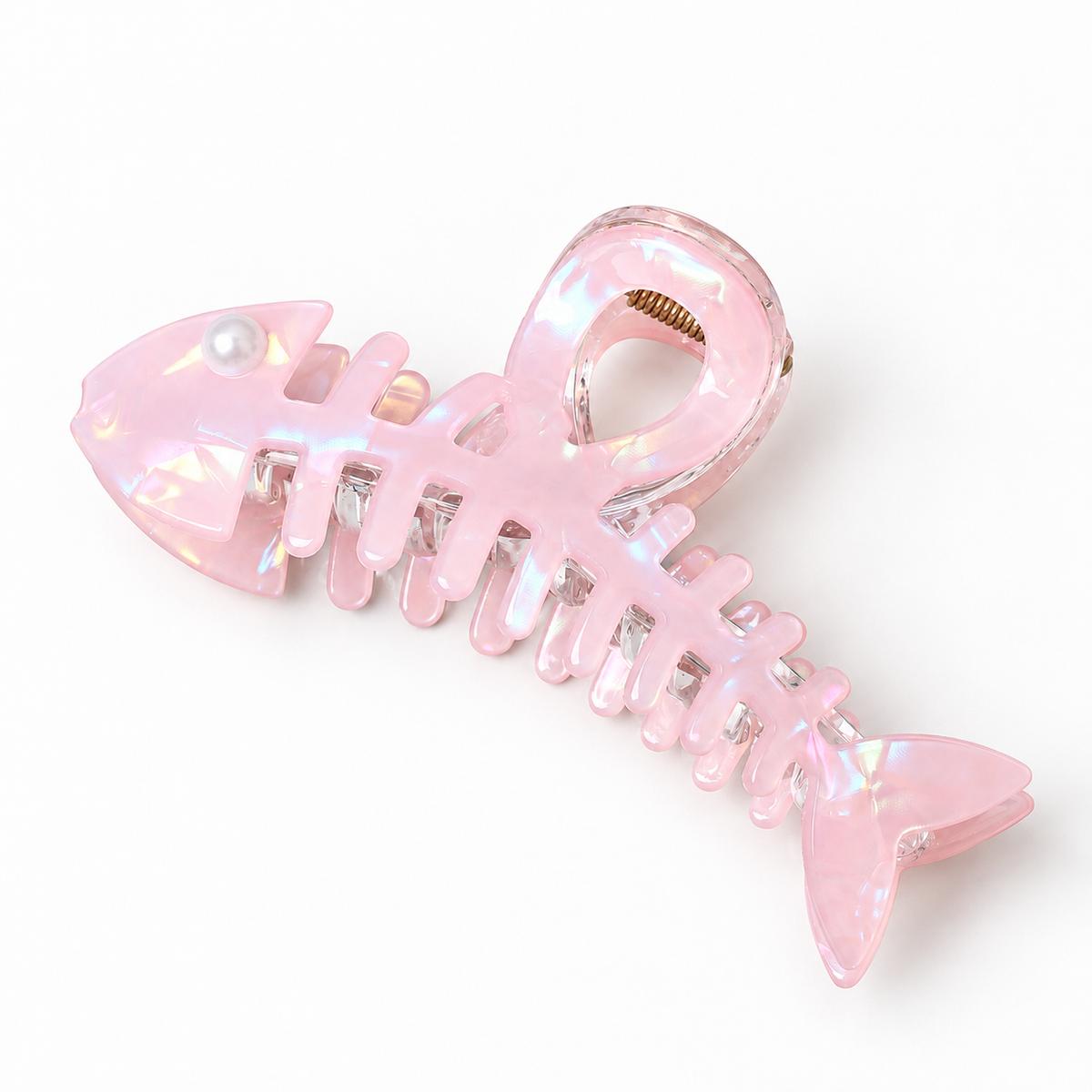 Iridescent Fishbone Hair Claw Clip – Acetate-Look Fish Skeleton Clip with Faux Pearl Eye